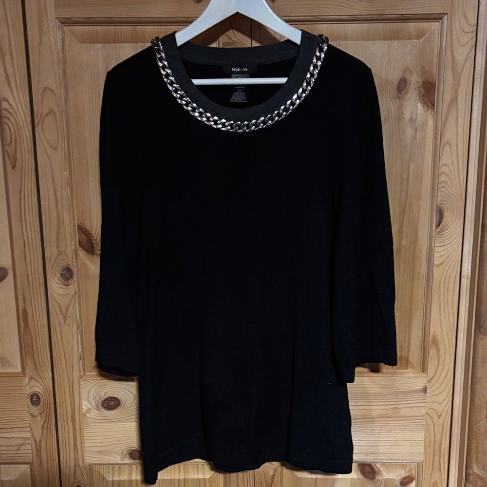 Style & Co. Black Long-Sleeve Top with Chain-Trim Neckline